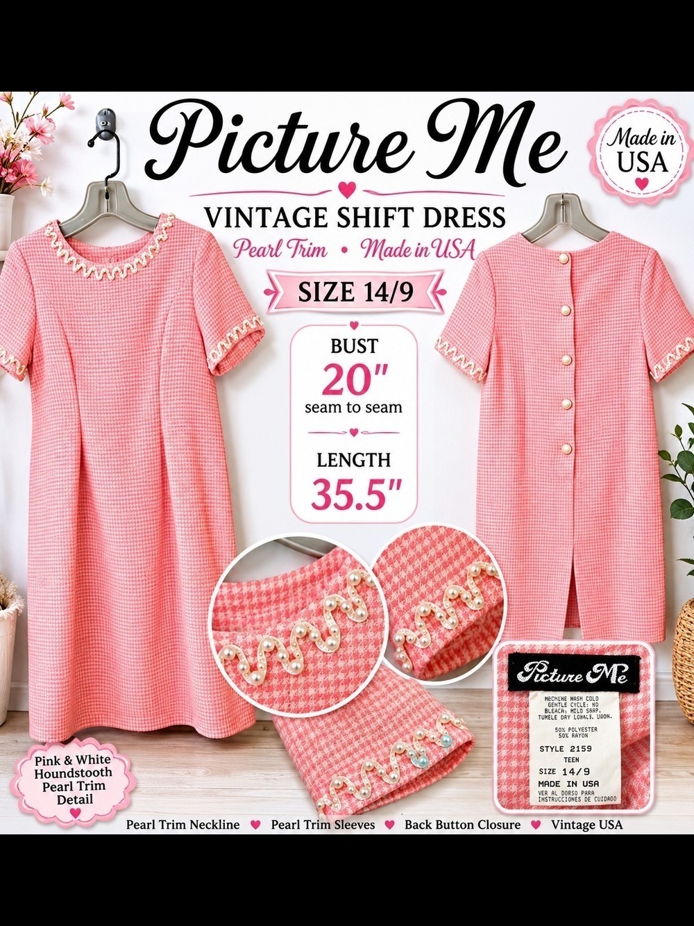 Vintage Picture Me Pink Houndstooth Shift Dress Pearl Trim Size Teen 14/9